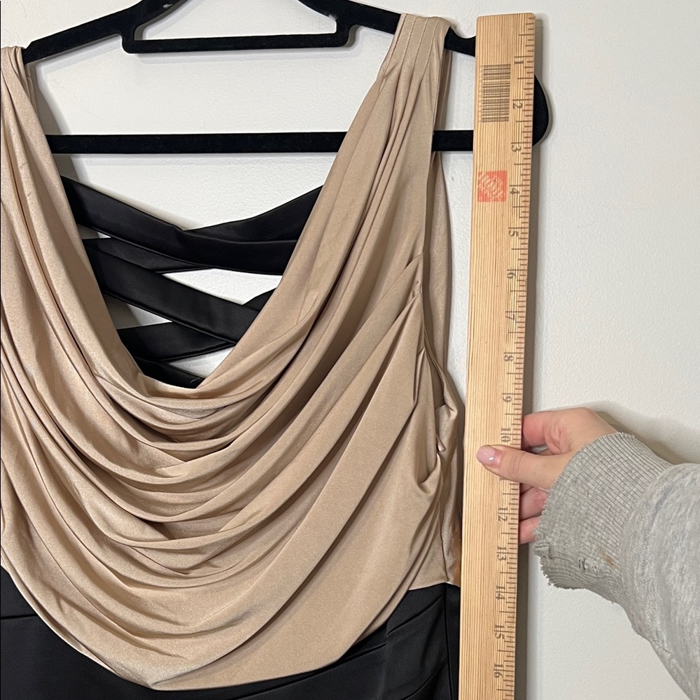 Sleeveless Draped Neck Two-Tone Cocktail Dress - Beige and Black - Picture 4 of 9